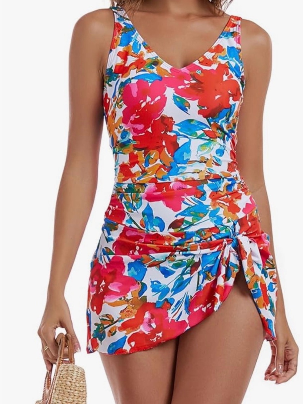 Floral V-Neck One-Piece Swimsuit with Skirt